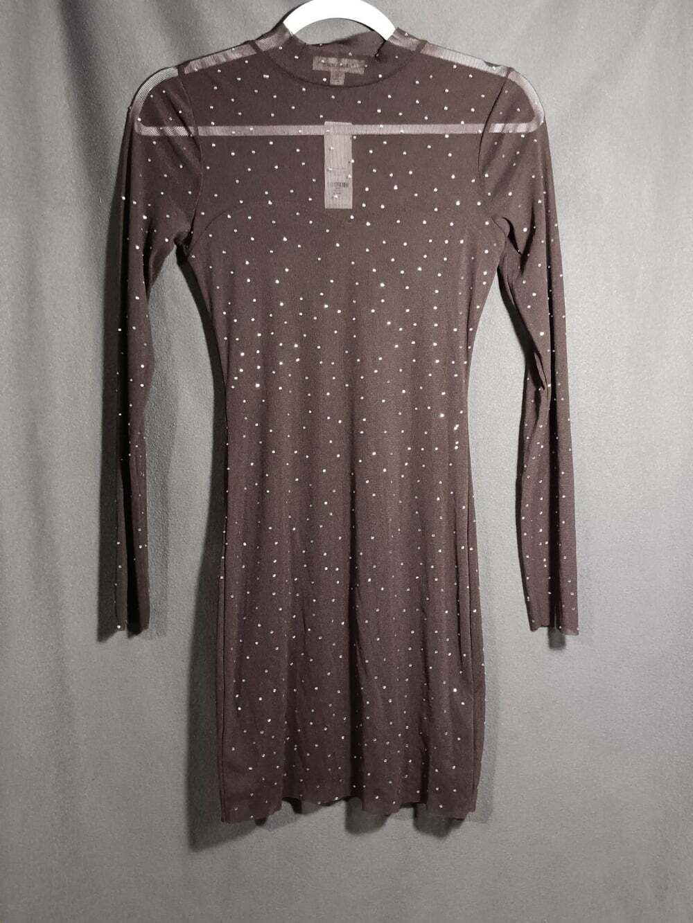 Francesca’s Maya Brown Sheer Mesh Rhinestone Mini Dress NWT Women’s Small